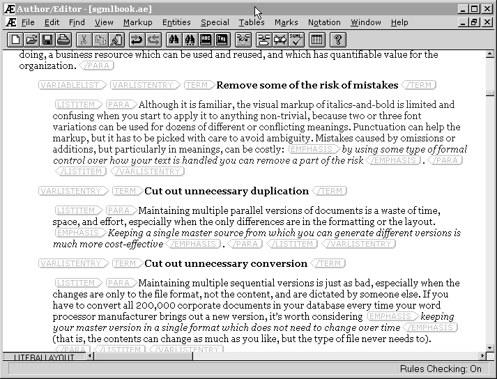 Author/Editor editing a DocBook document (left); RulesBuilder compiling a DTD (right)