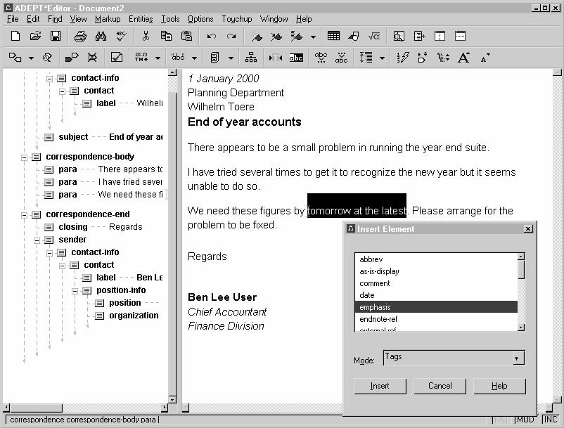 ADEPT showing the Insert Element dialog (left); and editing mathematics (right)