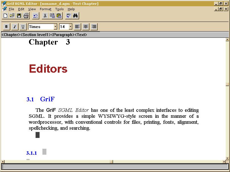 GriF’s SGML Editor showing text-entry location for the title of section 3.1.1