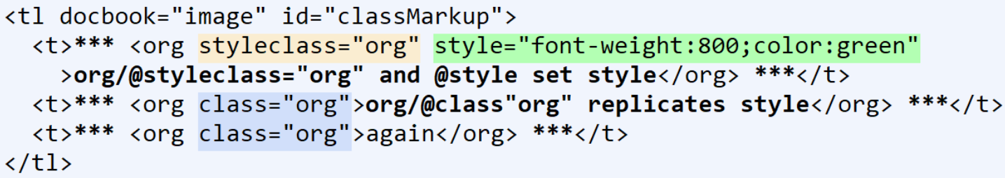 The first <t/> element defines the style for the class. Others reference the defined styles through the @class attribute