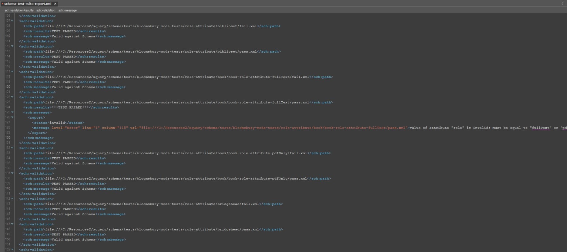 XML file of schema report where test cases fail validation.